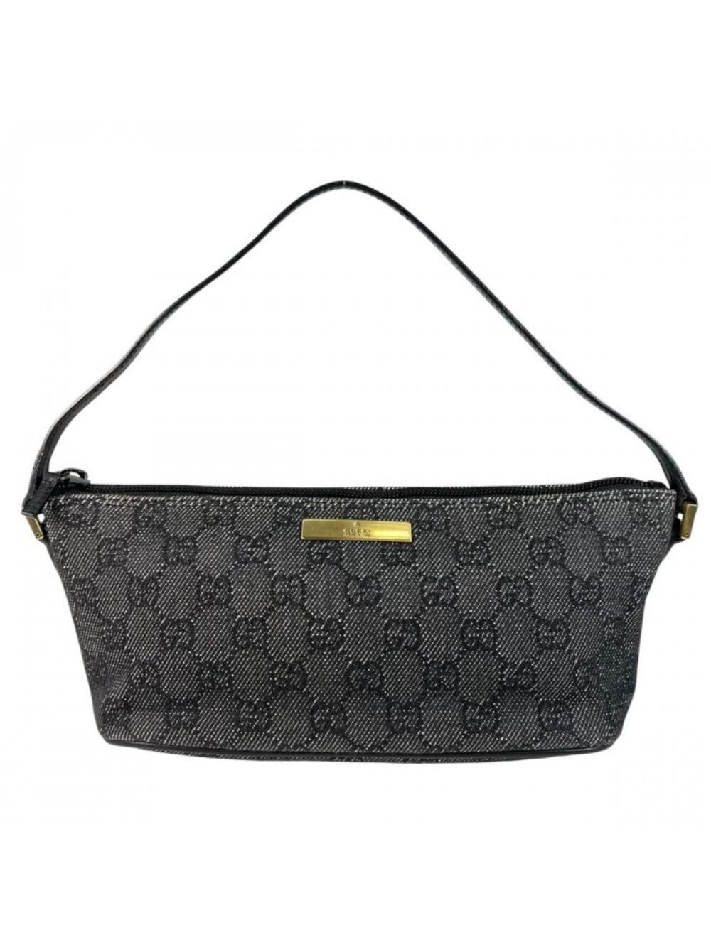 Gucci Handbag Pouch GG Canvas Leather Black Gray Gold